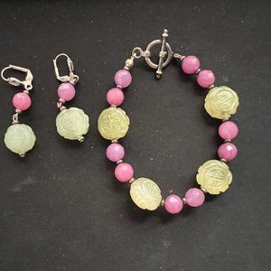 Etched Jadeite Faceted Amethyst Beaded Bracelet & Earrings.